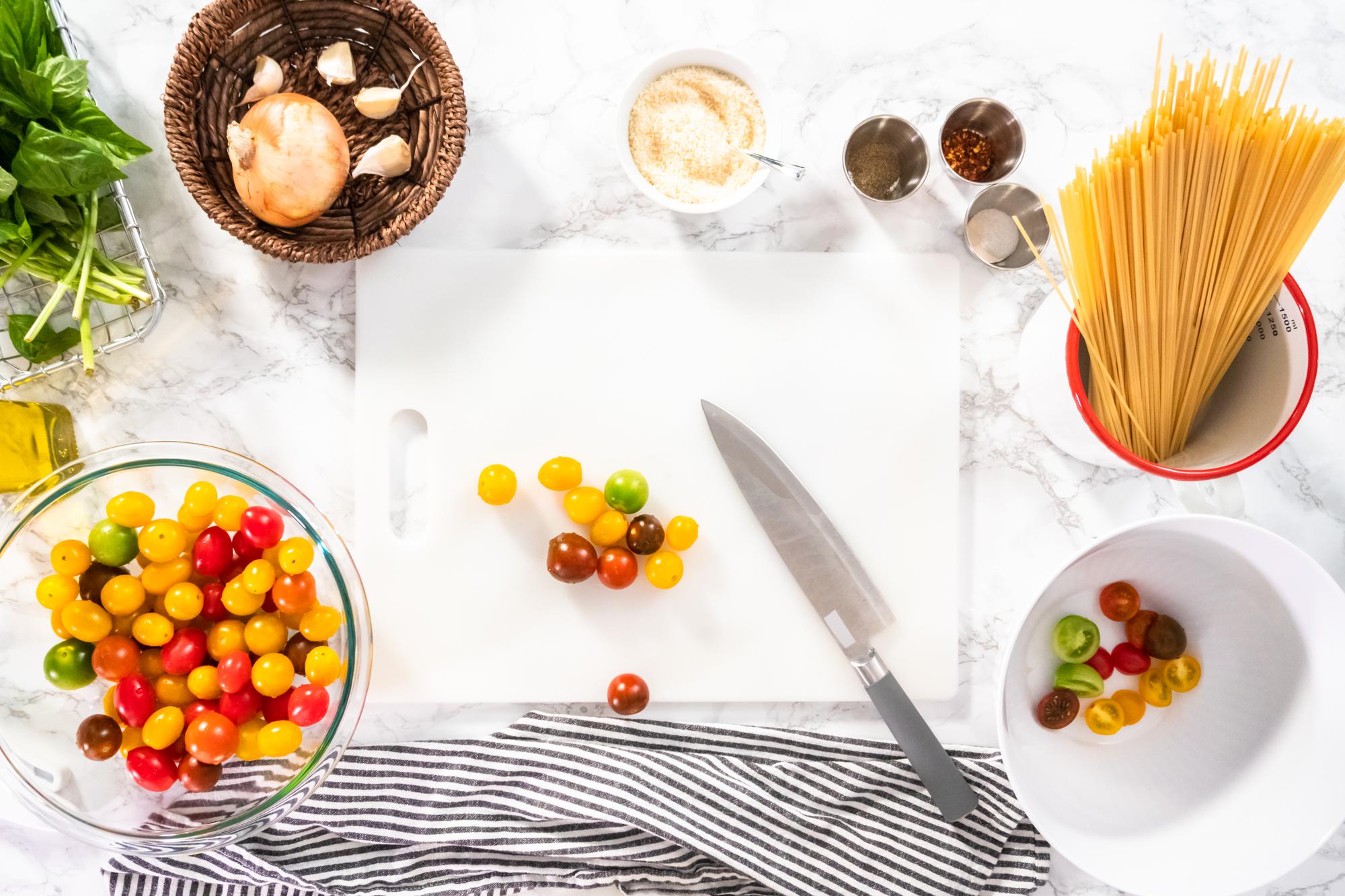 Warm kitchen bench with plated appetizers