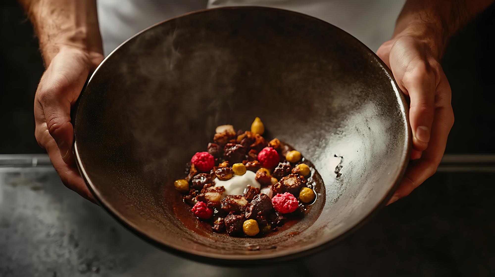 Founder plating a rustic dish on a wood table